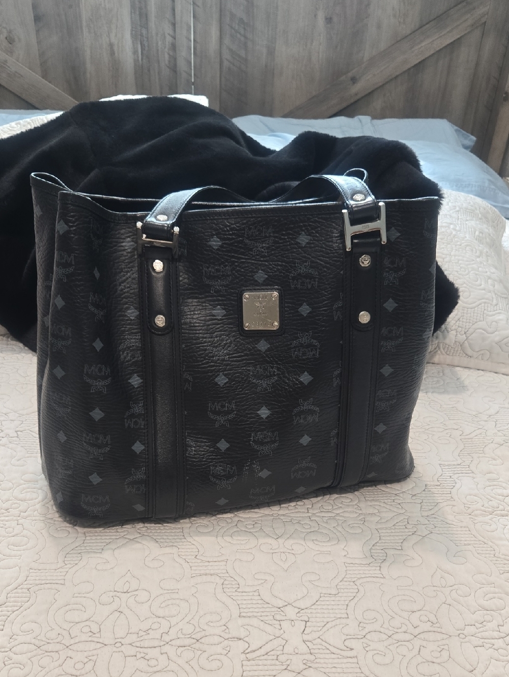 MCM Black Monogram Leather Tote with Silver Hardware